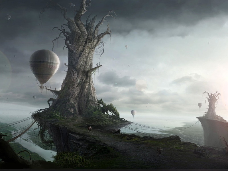sphere, hot air balloons, beauty in nature, day, building exterior, tranquil scene, digital art, environment, plant, sky, fantasy art, digital composite