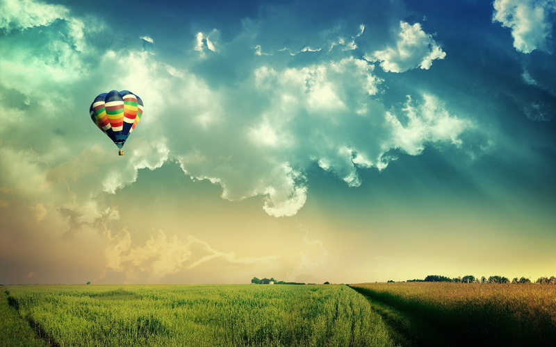 1080P, sky, field, digital art, clouds, nature, hot air balloons, landscape