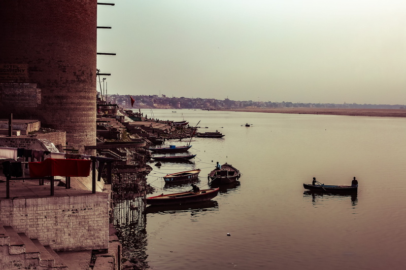 waterfront, india, building exterior, reflection, no people, nature, embankment, clear sky, transportation, built structure, horizon, river, outdoors, moored