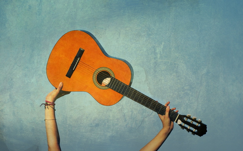 blue, close-up, 1080P, human body part, brown, hands, human limb, black, hand, acoustic, mood, music, acoustic guitar, holding, string instrument, string