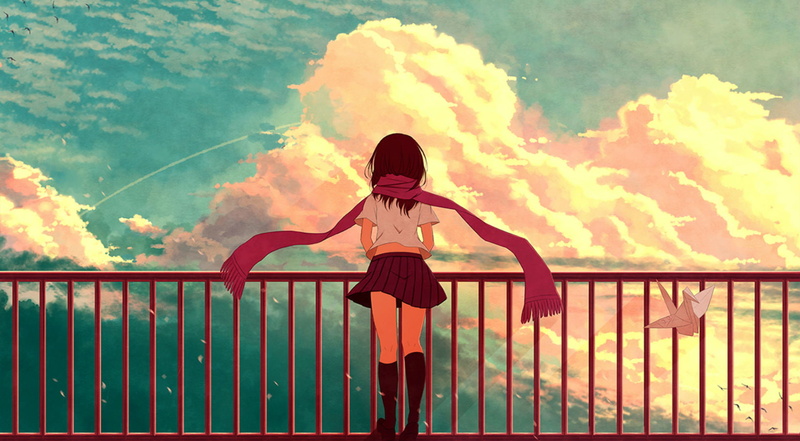 paper, scarf, tateyama, sky, brown, star, 720P, kneehighs, skirt, project, kagerou, ayano, clouds, hair, aya