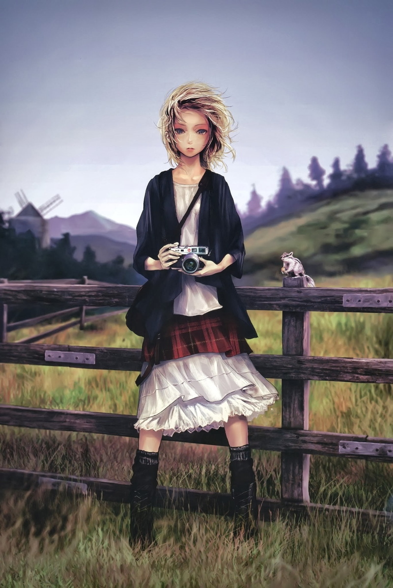 digital art, anime girls, fence, nature, plant, fashion, hairstyle, blond hair, females, mountain, barrier, squirrel, one person, sky, 1080P, anime, hair