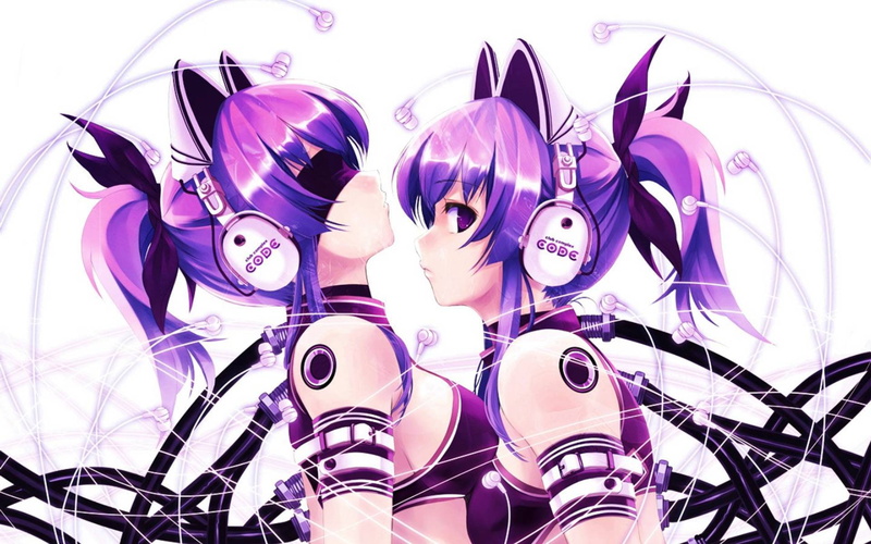 headphones, anime, hair, kurehito, 1080P, trance, x, purple, eyes, art, exit, girls, misaki, entertainment, hd, two, Music
