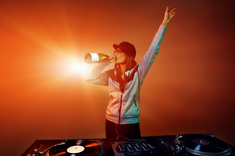 young adult, champagne, nightclub, listening, occupation, one person, standing, dancing, dj, model, club dj, skill, music, 5K, arms raised, night, headphones