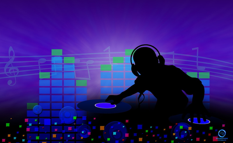Music, blue, technology, illustration, 2K, nightclub, sound recording equipment, mixing, nightlife, arts culture and entertainment, one person, audio equipment