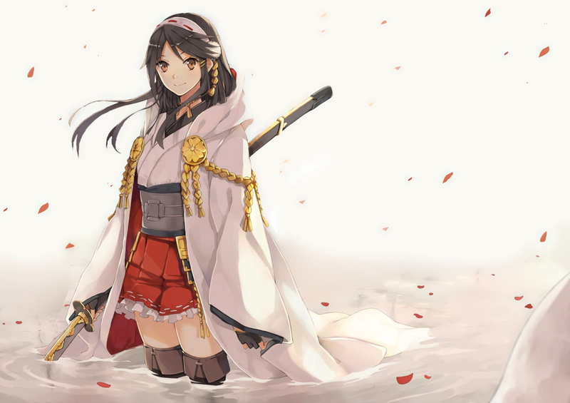 young adult, hair, full length, holding, standing, 720P, Haruna (KanColle), anime girls, confetti, young women, white background, one person, hairstyle