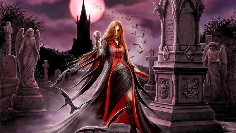 dama, 1080P, fantasia, noche, arte, vampiro