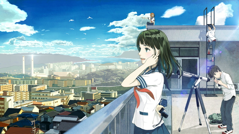 telescope, one person, home, outdoors, three quarter length, day, real people, nature, cityscape, clouds, skyscraper, selector, city, anime, 1080P, architecture