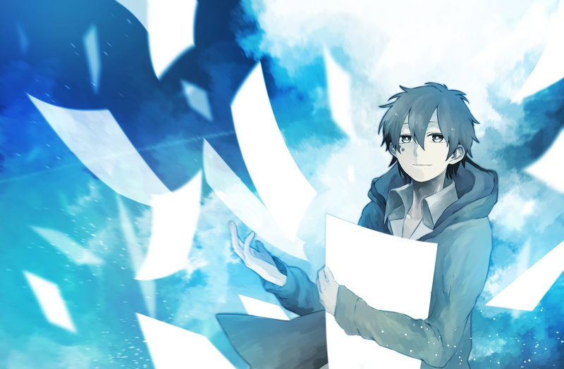 indoors, one person, real people, Kokonose Haruka, human representation, three quarter length, women, character, printing, portrait, paper, Kagerou Project