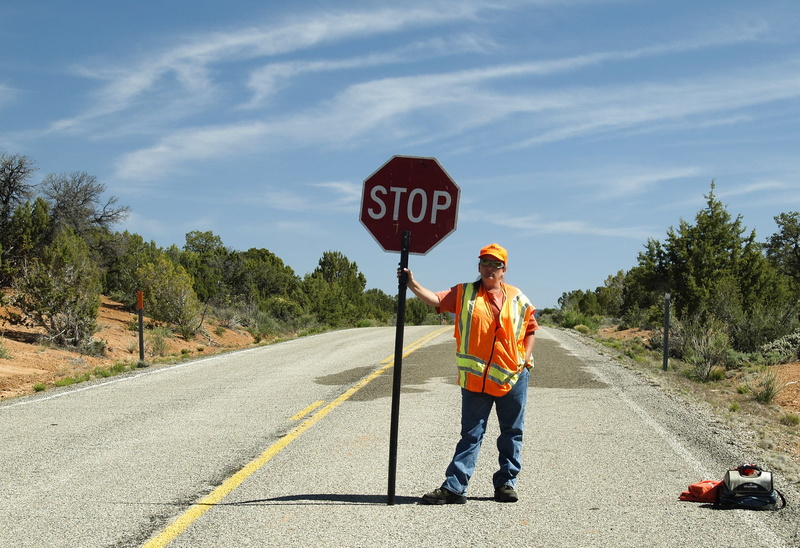 roadside, warning sign, western script, communication, vest, sunlight, man, holding, building site, helmet, caution, limitation, traffic, transport, full length