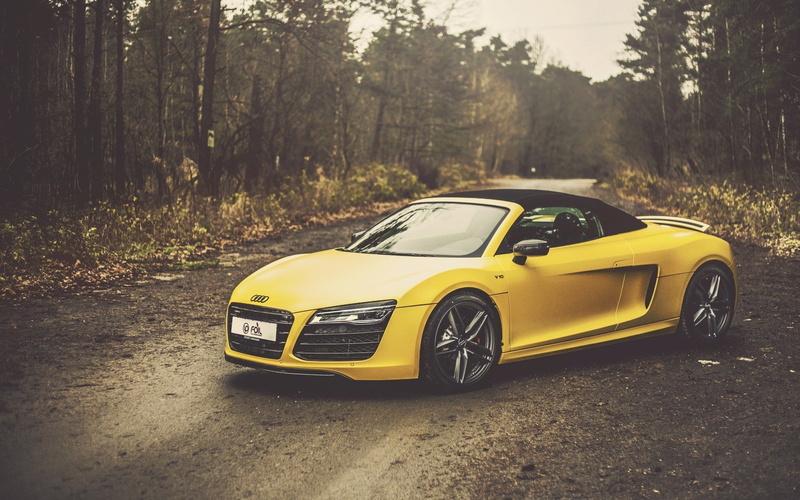 stationary, plant, Audi R8 Spyder, day, 720P, car, yellow, transportation, retro styled, tree, outdoors, land vehicle, forest, nature, Audi, tree trunk