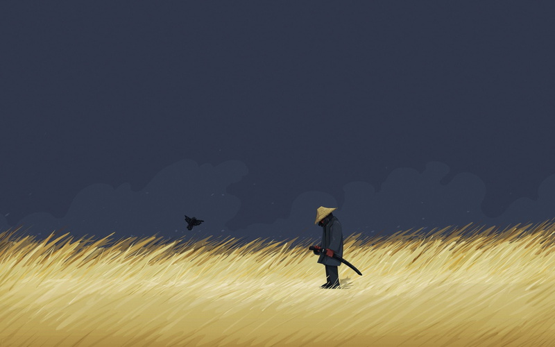 motion, warm clothing, 2K, samurai, yellow, night, outdoors, illustration, leisure activity, cold temperature, snow, nature, land, copy space, man, sky