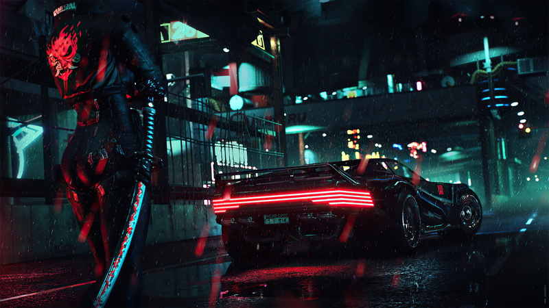 Cyberpunk 2077, samurai, night, 4K, rain, video games, car, cyberpunk, katana