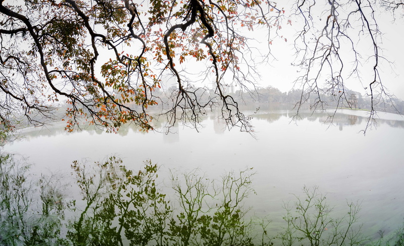 tranquil scene, beauty in nature, fog, landscape, hanoi, nature, lake, water, tree, no people, sky, zenitar, scenics - nature, day, vietnam, hoan kiem lake