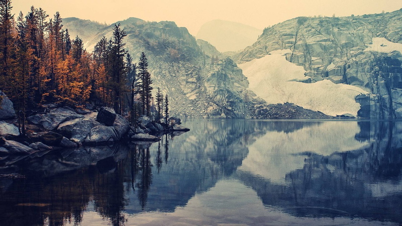 snow, winter, depth of field, 1080P, mountains, trees, landscape, reflection, river, water, cold, nature, lake, rocks, fall