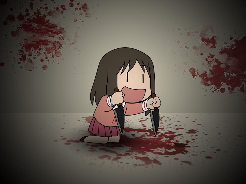 knife, real people, anime, indoors, vignette, anime girls, women, wall - building feature, emotion, one person, sadness, blood, red, white color, sitting