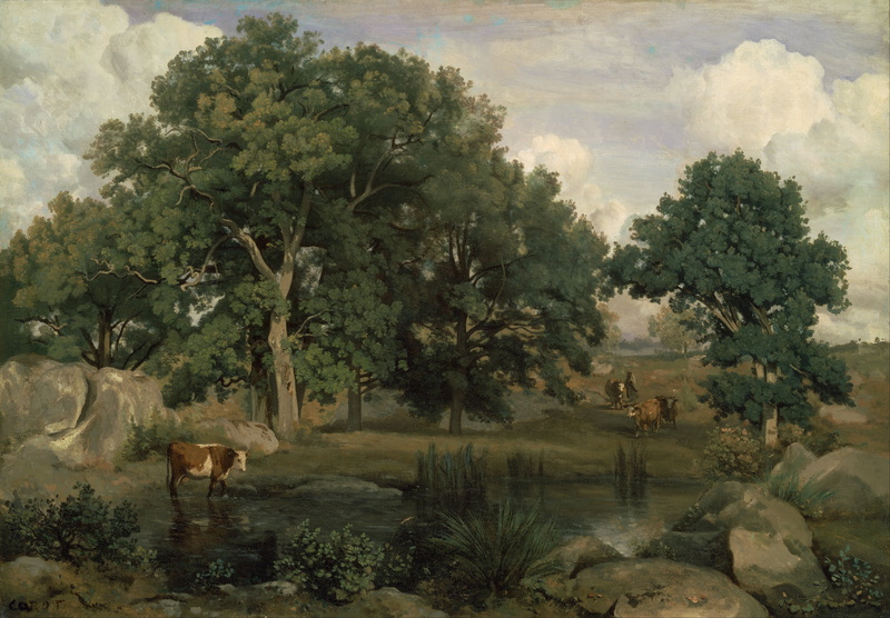 painting, landscape, 4K, cattle, outside, oil on canvas, scenics - nature, rocks, domestic animals, pond, no people, water, artistic, herbivorous, livestock