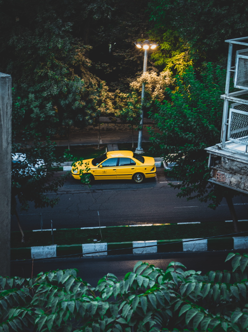 tree, street, iran, nature, qeytarieh, yellow taxi, yellow, 5K, poster, park, tehran, motor vehicle, street art, land vehicle, on the move