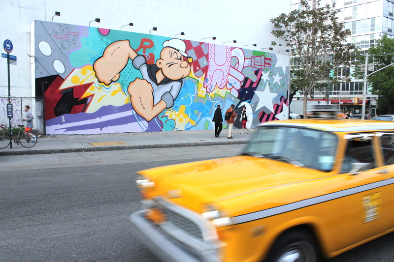 road, built structure, art and craft, street art, motor vehicle, building exterior, street, popeye, day, graffiti, architecture, traffic, land Vehicle