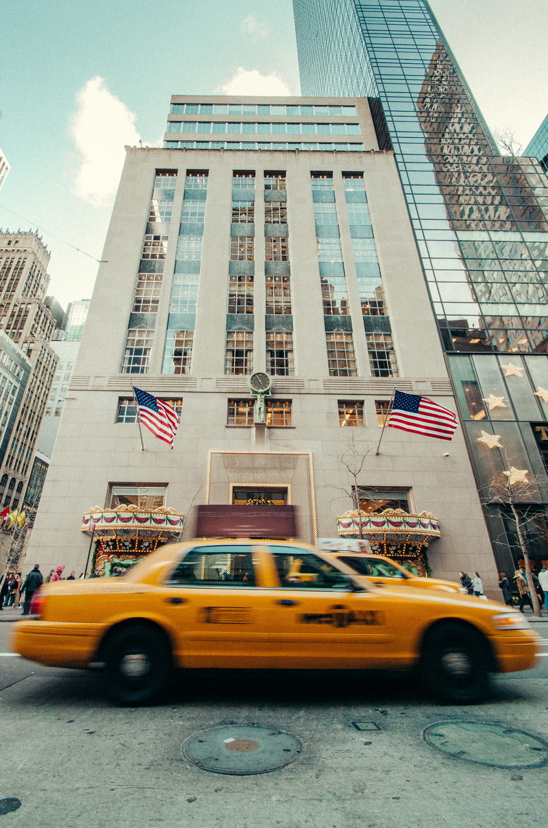 nyc, day, yellow, ny cab, 5th ave, yellow taxi, skyscraper, city life, architecture, moving, traveling, travel, street, 4K, outdoors, two, gray, city street