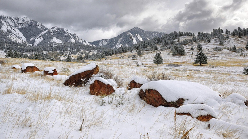 winter, beside, 1080P, flatirons, rock, flatiron, trees, pine, snow, 1920x1080, colorado, nature, mountain