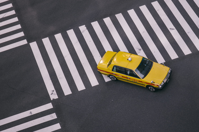 walkway, mode of transportation, striped, ginza, pedestrian, pave, city, yellow car, aerial, city street, intersection, tokyo, street, gray, crosswalk
