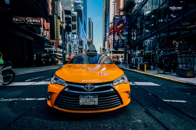 architecture, yellow cab, taxi, text, ny, corolla, yellow, no people, 5K, city street, office building exterior, city, road, manhatten, building, wide angle