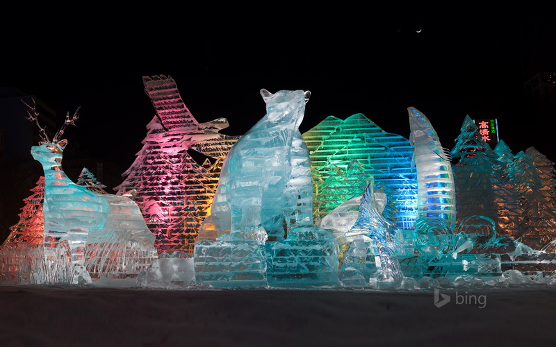 Winter Festival, color, Sapporo, Japan, night, light, ice sculptures, 1080P