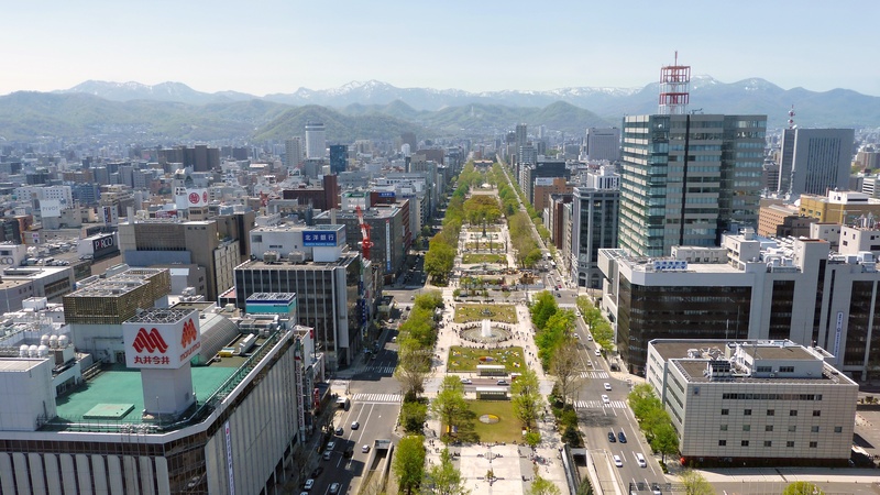 sky, modern, street, odori park, commercial, architecture, 4K, buildings, high angle view, residential district, mountain, built structure, landmark, panoramic view