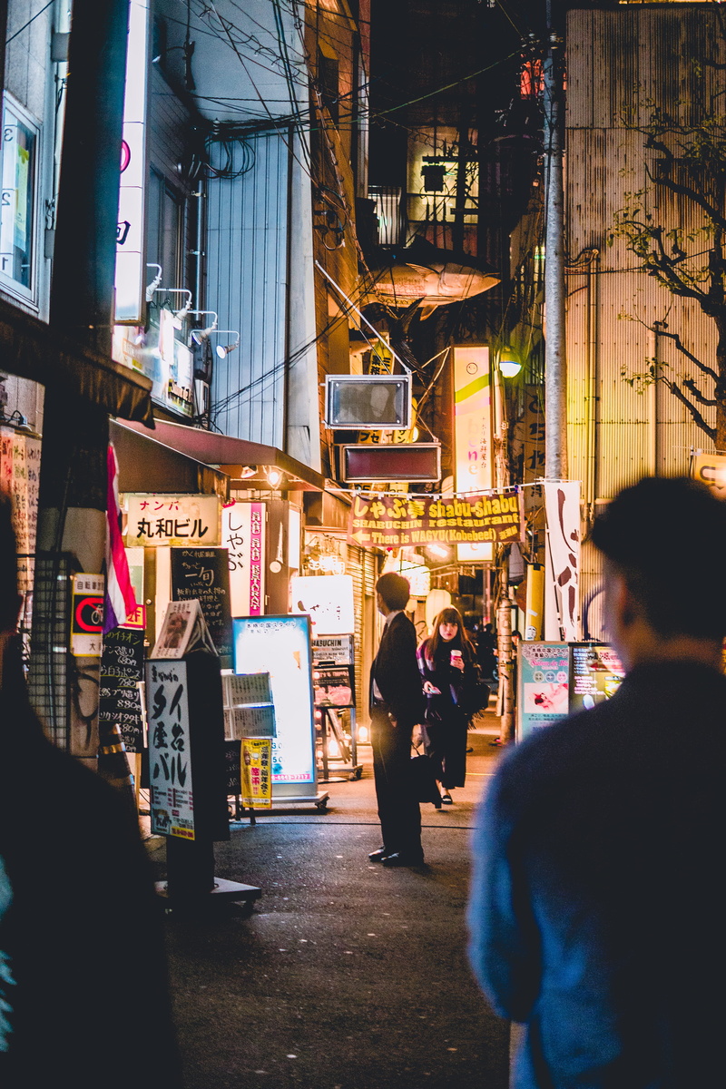 architecture, men, 4K, built structure, osaka, women, building exterior, rear view, adult, people, japan, real people, walking, night, store, lifestyles