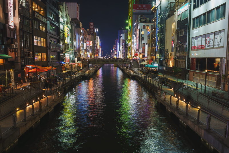 city, waterfront, outdoors, nightlife, residential district, osaka prefecture, architecture, 8K, night, wet, building exterior, building, street, illuminated