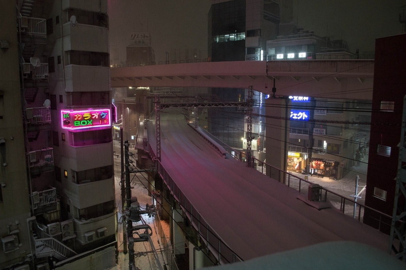 road, railway, led, car, motor vehicle, illuminated, 720P, city, outdoors, pink, street light, building, land vehicle, digital, high angle view, office building exterior