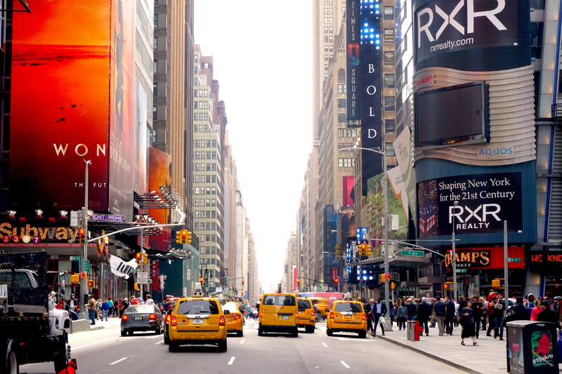 nyc, city, street, car, transportation, office building exterior, crowd, commercial sign, city life, taxi, people, timesquare, new york, built structure
