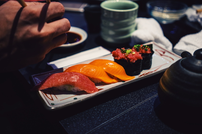 selective focus, sashimi, indoors, sushi, freshness, close-up, seafood, one person, shibuya-ku, human hand, food and drink, japanese food, healthy eating