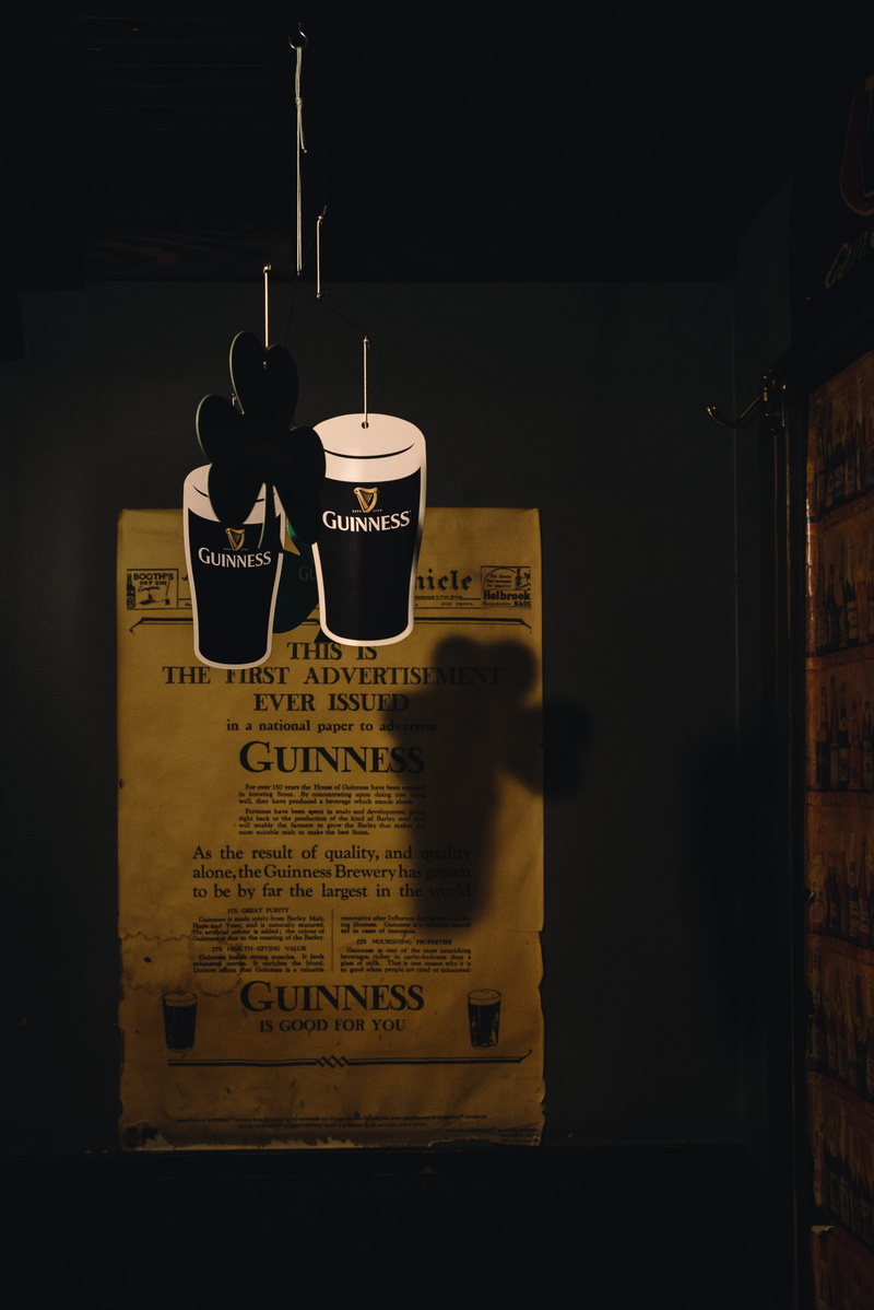 japan, communication, guinness, no people, western script, shamrock, food, old, information, poster, hanging, script, night, bar, dark, belgo