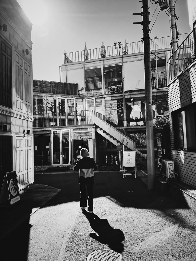 rear view, real people, path, nature, town, shorts, shadow, japan, sky, street, road, tarmac, apparel, clothing, shibuya-ku, standing, architecture, men