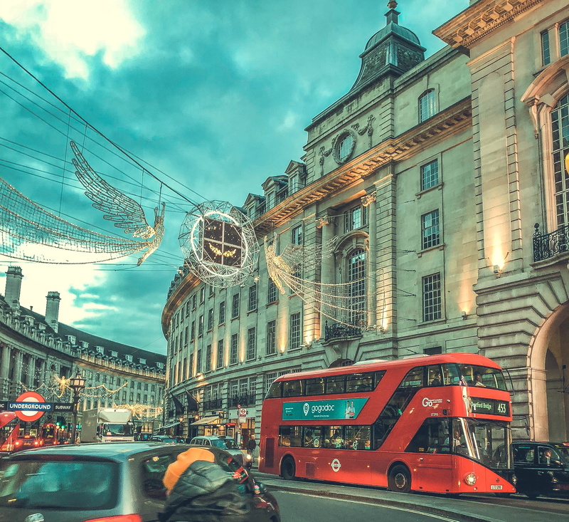 2K, city lights, christmas decoration, transportation, bus, architecture, mode of transportation, london bus, uk, building exterior, city, red bus, city street