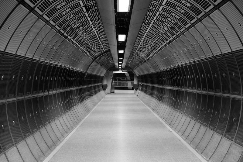 death star, diminishing perspective, illuminated, 35mm, london, 4K, bandw, bw, fujifilm, indoors, space, vanishing point, transportation, direction, metro