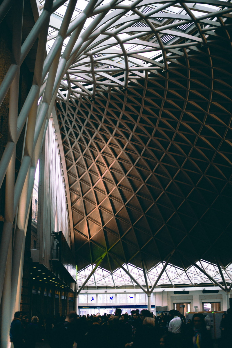 modern, pattern, incidental people, group of people, architecture, architectural feature, ceiling, real people, kings cross, low angle view, metal, built structure