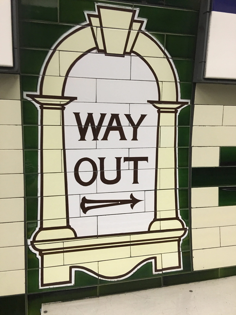 guidance, London, capital letter, indoors, way out, western script, communication, information, message, information sign, underground, tile, text, wall - building feature