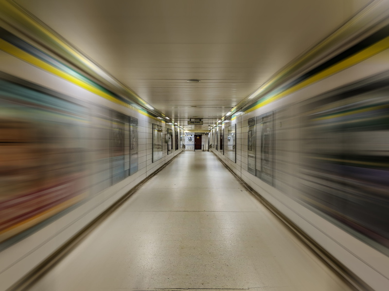 no people, subway, ilusion, pathway, subway train, diminishing perspective, walls, leaving, hallway, mode of transportation, subway station, long exposure