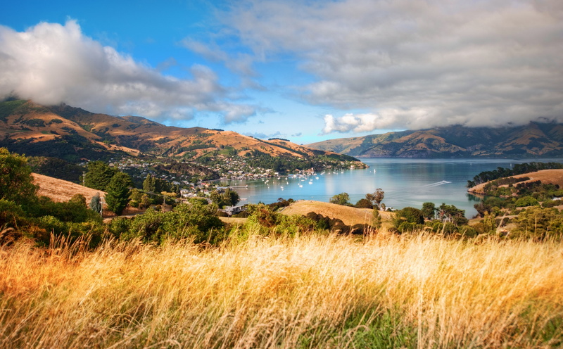Lake, beautiful, Akaroa, lansdscape, New Zealand, panorama, Clouds, Hills, Oceania, 5K