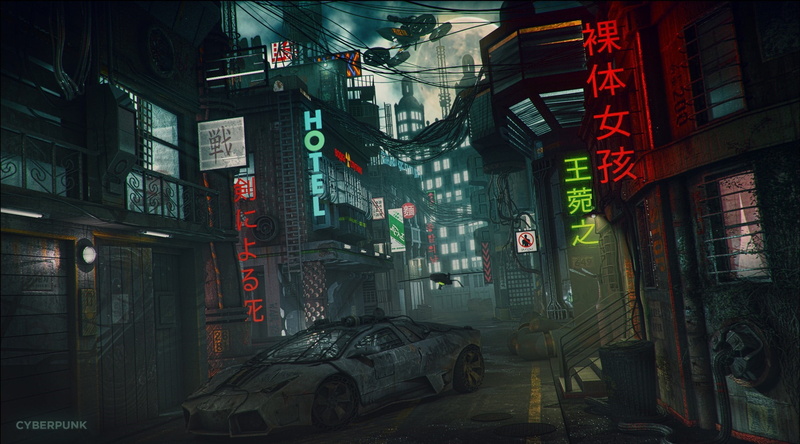 non-western script, architecture, advertisement, neon, information sign, art, no people, script, splash, cyberpunk, text, artwork, night, street, illuminated