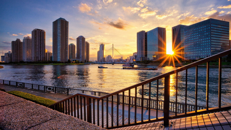 River, Skyscrapers, Tokyo, 4K, Bridge, Japan, Sunset