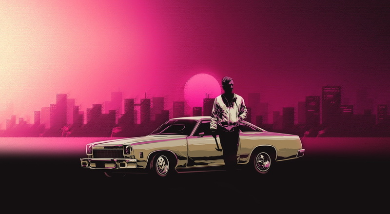 one person, city, nature, drivers, purple, 1080P, motor vehicle, sky, revenge, artistic, street, building exterior, mode of transportation, ryan gosling