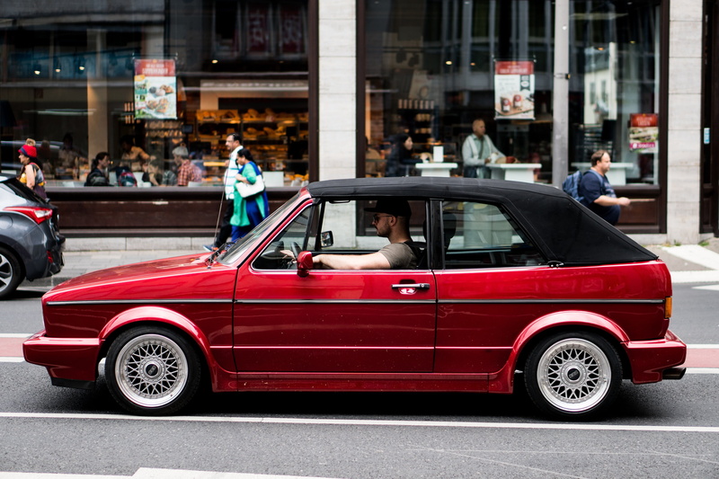 vintage, people, city, convertible, male, volkswagen, motor vehicle, car, architecture, sports car, drive, red, building exterior, inside, 4K, volkswagen golf