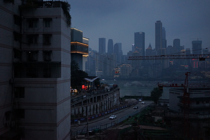 dusk, architecture, twilight, financial district, chongqing, urban skyline, tower, outdoors, building, building exterior, tall - high, cloudy day, nature