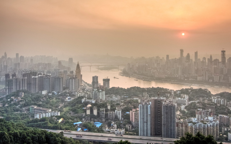 chongqing, tree, downtown district, city, outdoors, building exterior, smog, sky, pollution, financial district, travel destinations, building, high angle view