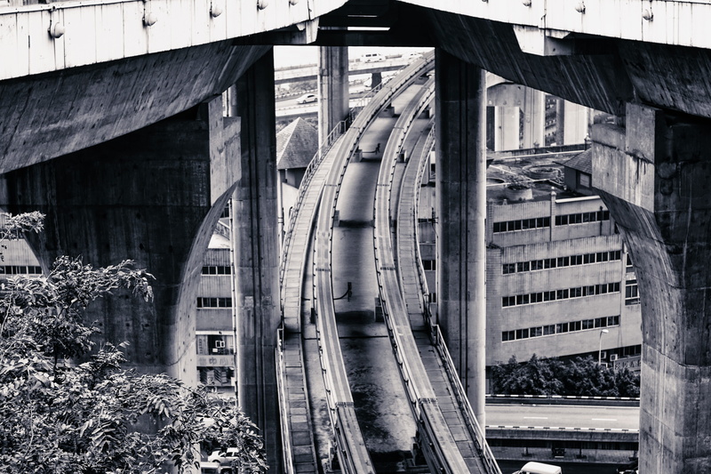 train, building exterior, nature, mode of transportation, built structure, no people, rail transportation, outdoors, track, black and white, transportation