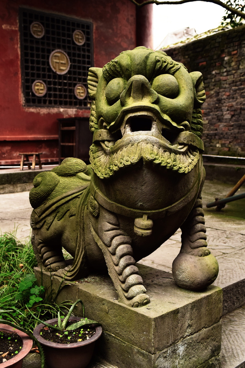 tire, mammal, temple, craft, emblem, religion, 5K, spirituality, culture, building, stone work, lion, statue, close-up, plant, pillar, chinese, wildlife